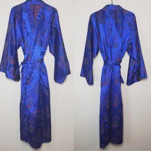 Japanese Blue Satin Kimono With Embroidered Floral Bonsai Sz M/L (392)